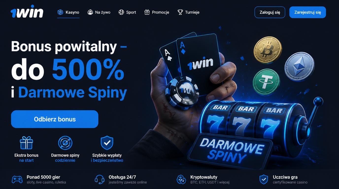 Obraz przedstawia powitalny bonus 1Win z krypto i darmowymi spinami