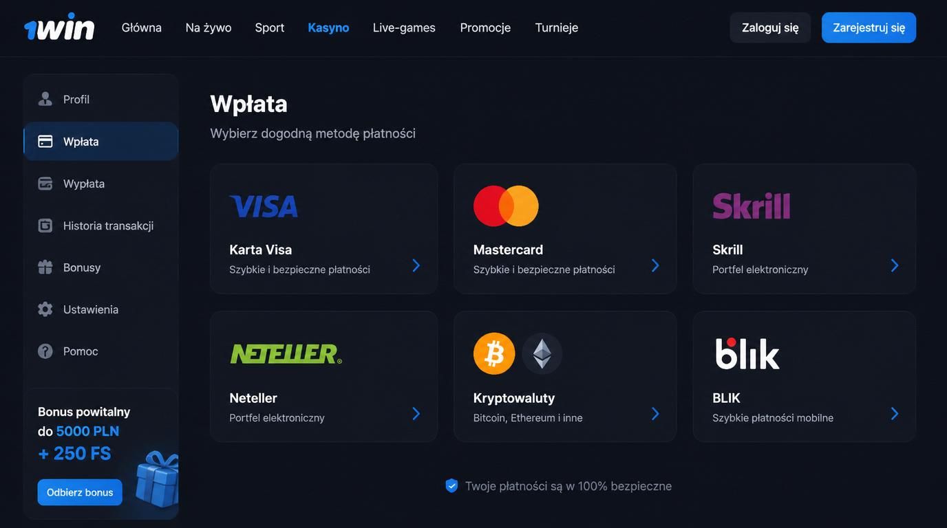 Różne metody wpłat: karty, e-portfele, krypto, BLIK