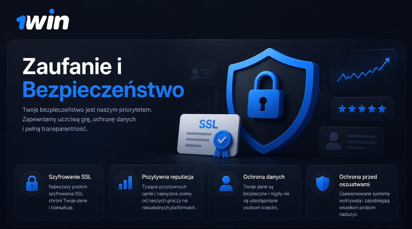 Interfejs kasyna z logo 1Win, ikoną certyfikatu SSL i tarczą bezpieczeństwa