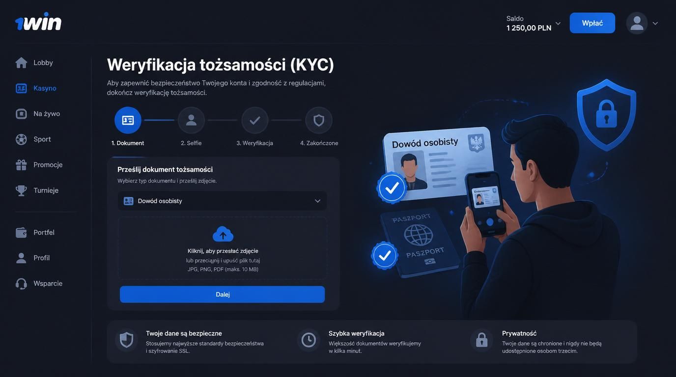 Użytkownik weryfikujący dokumenty z tarczą i pieczęcią KYC